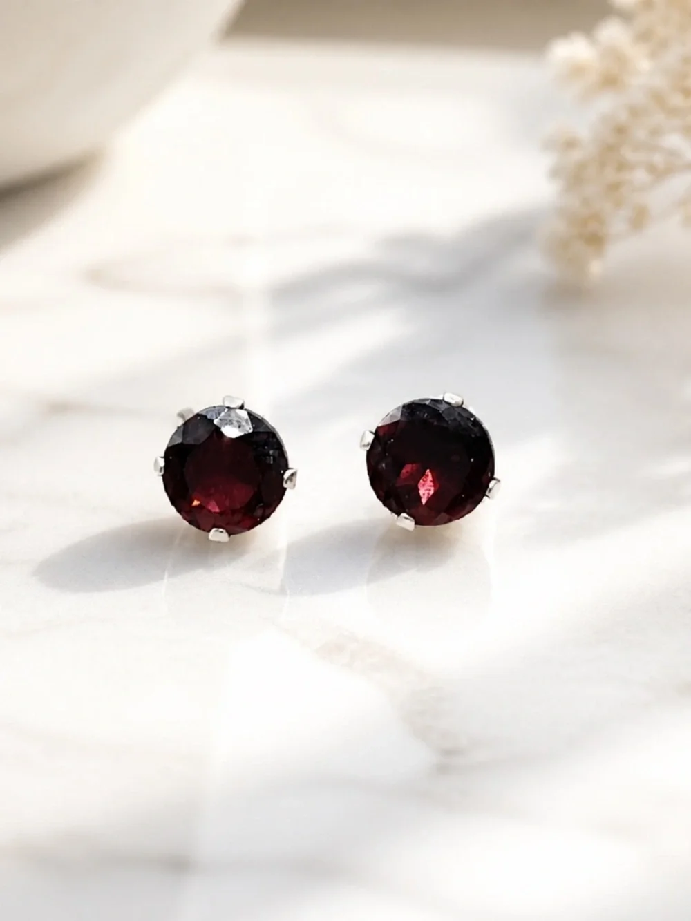 Deep Garnet Round Sterling Silver Stud Earrings